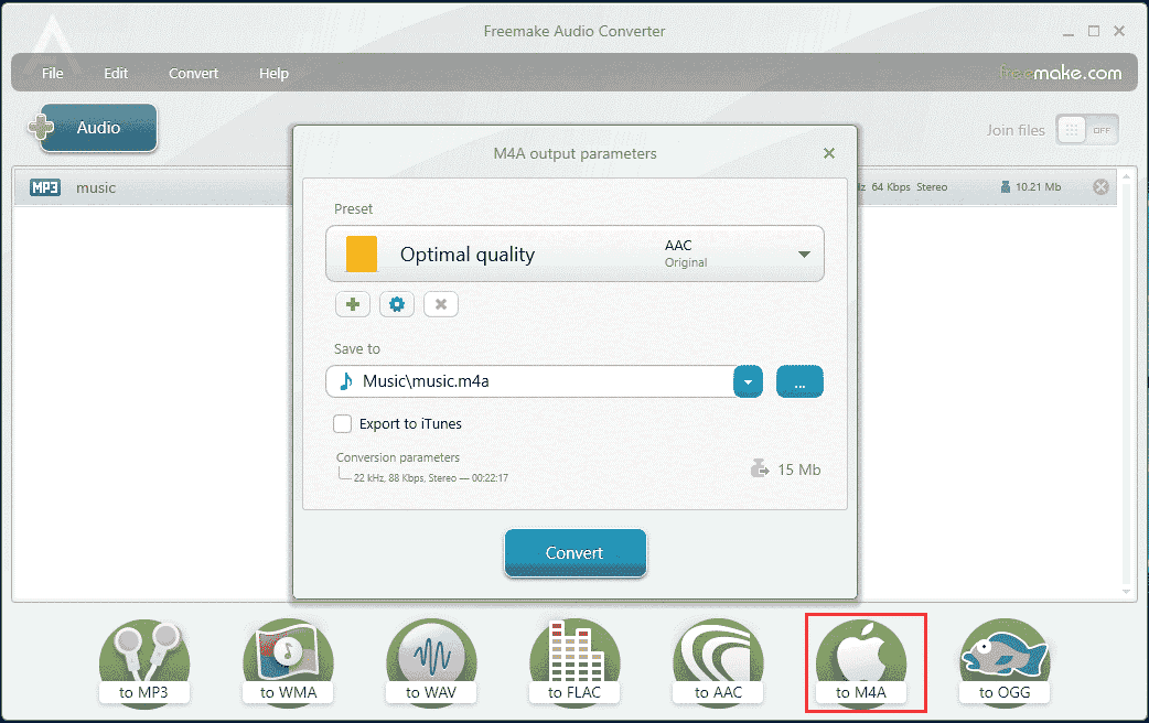 Freemake Audio Converter interface with the to M4A option selected.