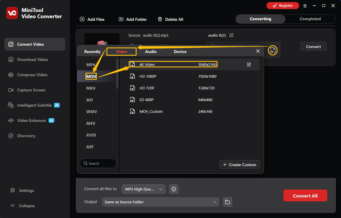 MiniTool Video Converter output format settings showing how to set MOV as the output format in the Convert Video tab.