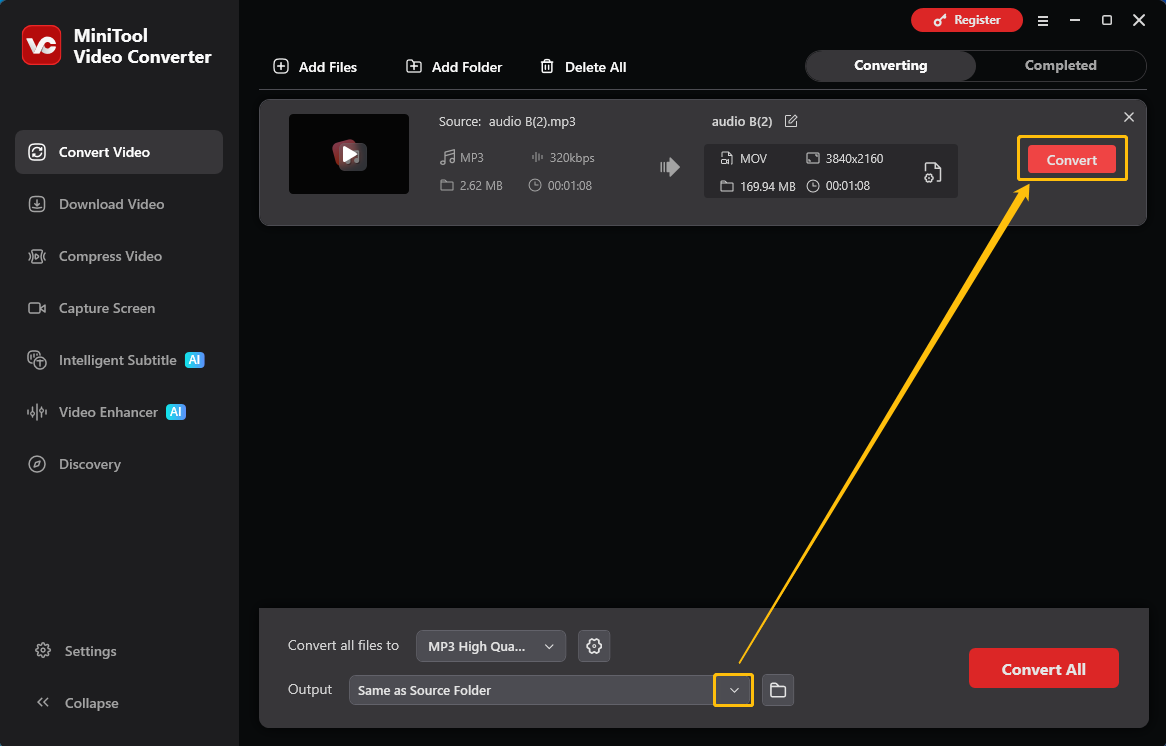 MiniTool Video Converter interface with the Output option and the Convert button selected in the Convert Video.