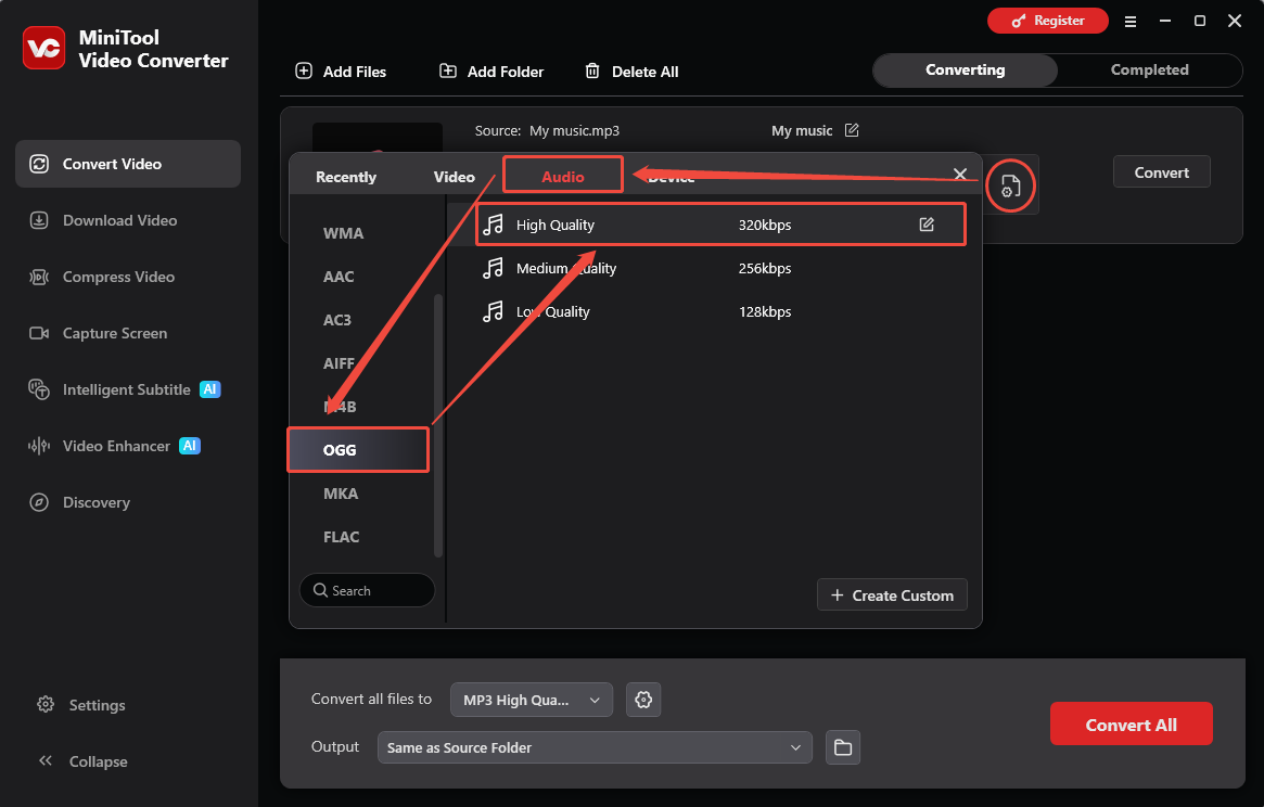 MiniTool Video Converter interface showing how to select the OGG format as the output format.