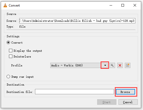 VLC Convert window with the Browser option selected.