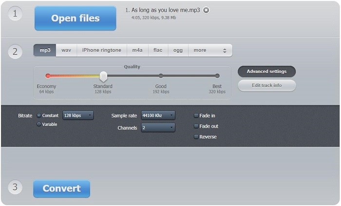 The interface of Online Audio Converter.