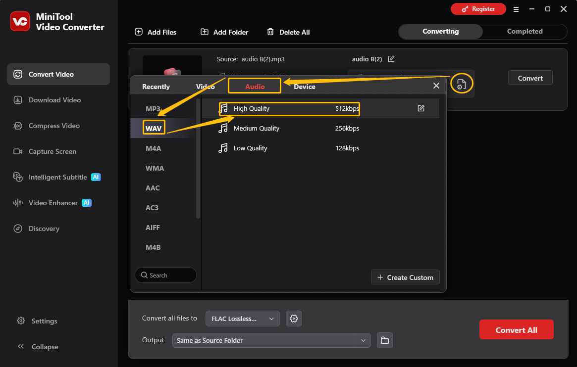 MiniTool Video Converter output format window showing how to set WAV as the output format in the Convert Video tab.