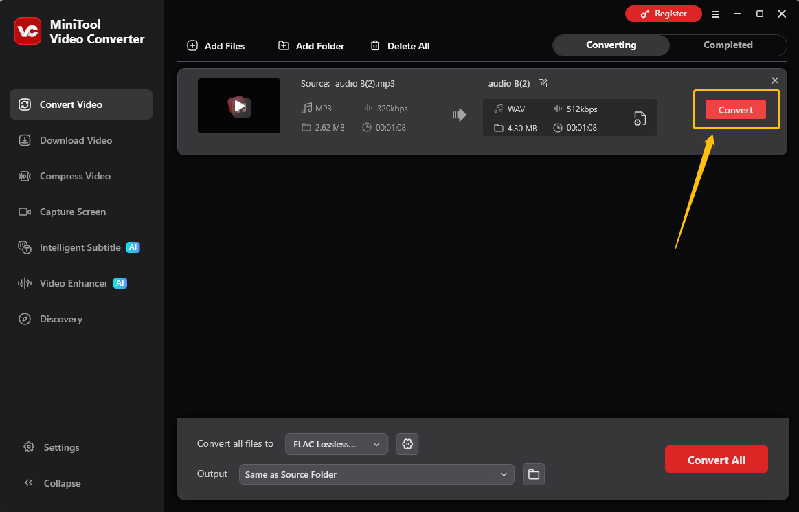 MiniTool Video Converter interface with the Convert button selected in the Convert Video tab.