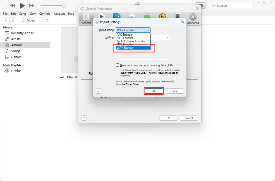iTunes Import Settings window showing how to set WAV as the output format.