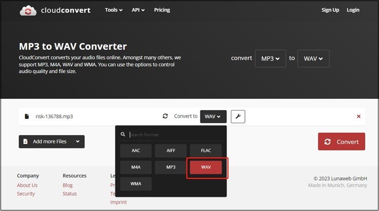 CloudConvert interface with the expanded WAV option selected.