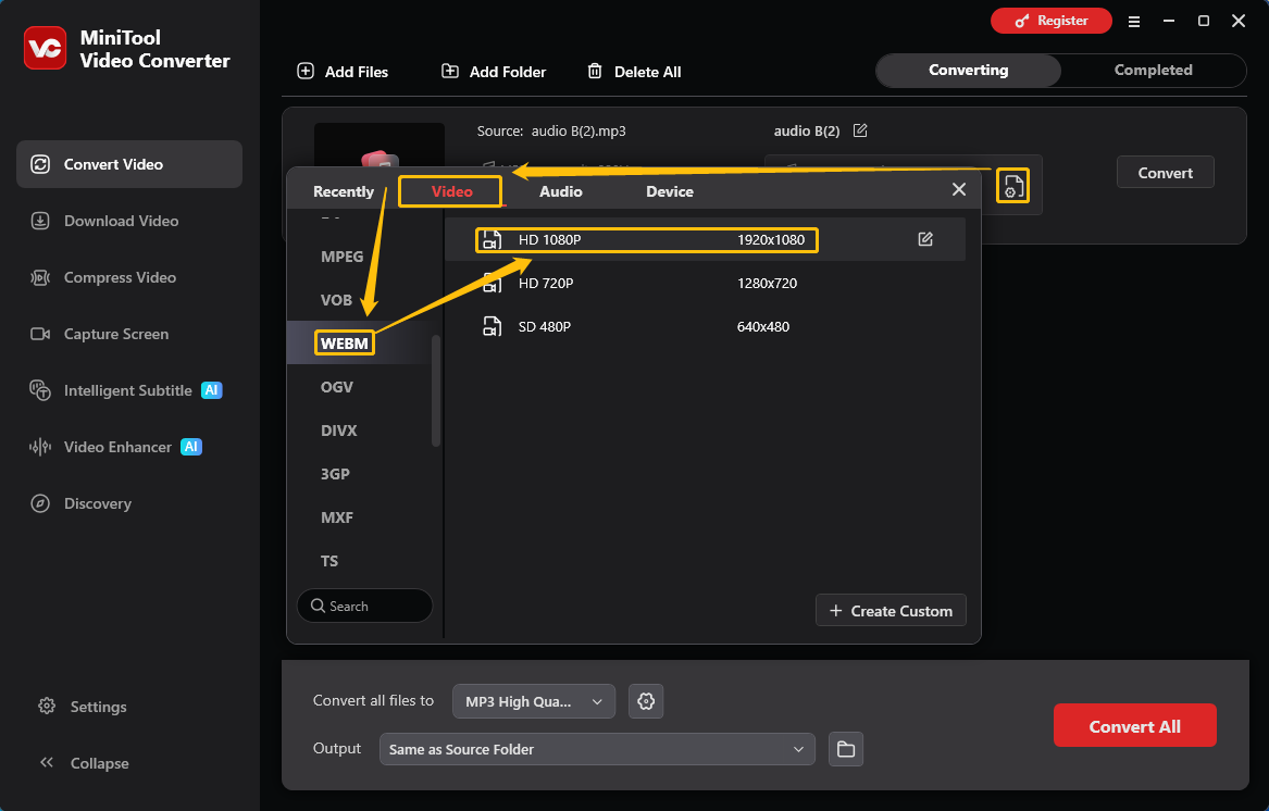 MiniTool Video Converter output format window showing how to set WebM as the output format in the Convert Video tab.