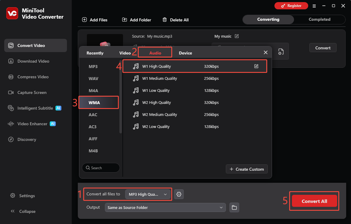 MiniTool Video Converter interface showing how to choose WMA as the output format and start conversion.