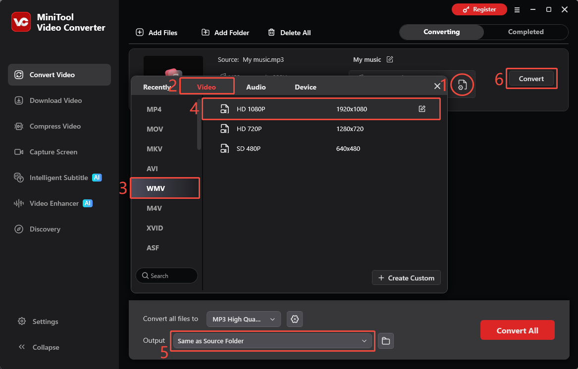 MiniTool Video Converter interface showing how to choose the output format and save location and start conversion.