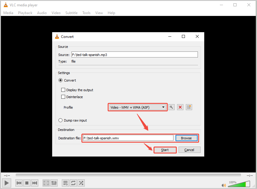 VLC media player Convert window showing how to choose output format and save folder.