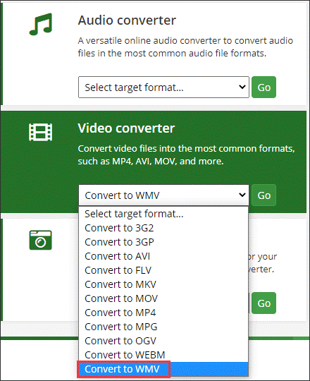 ONLINE CONVERT conversion interface with the output format menu expanded and the Convert to WMV option highlighted.