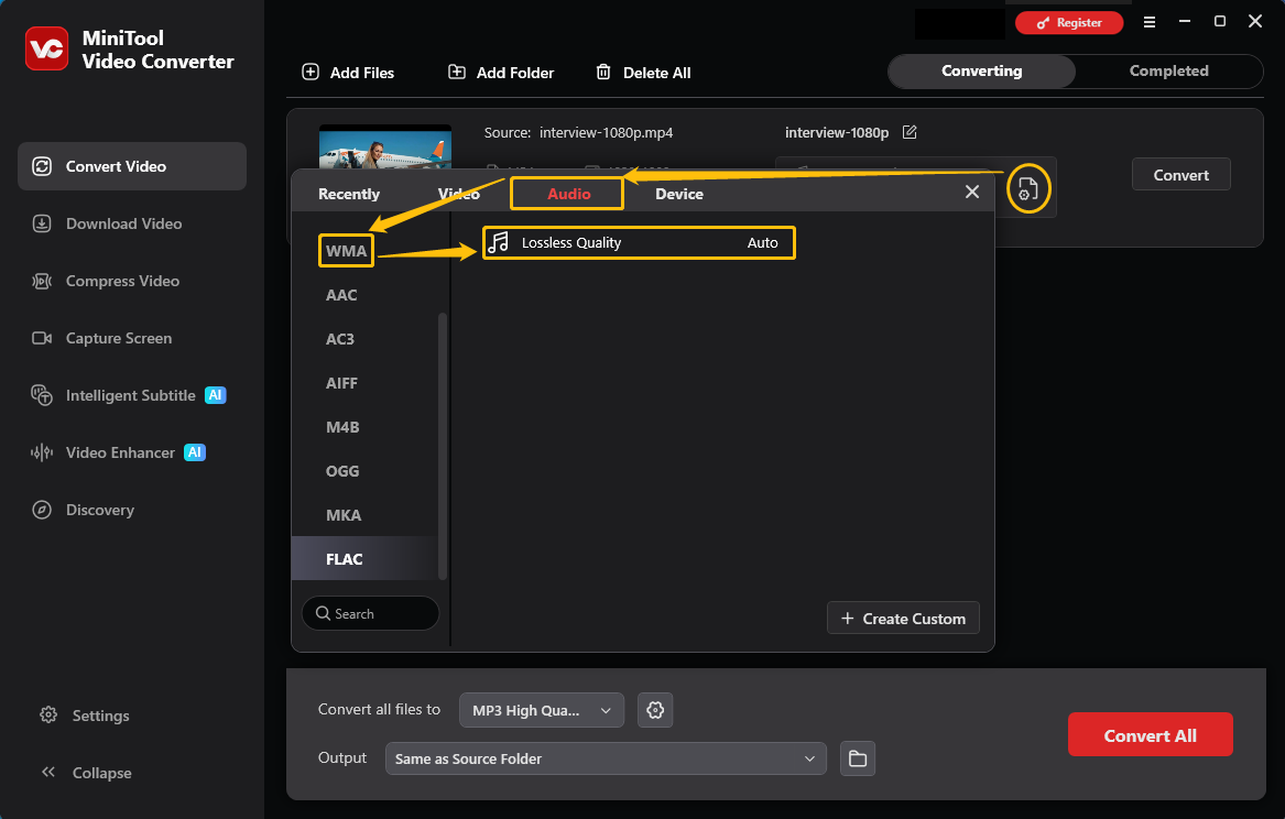 MiniTool Video Converter output format window showing how to set FLAC as the output format in the Convert Video tab.