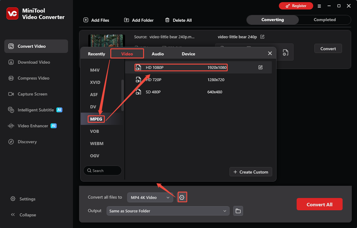MiniTool Video Converter output format window showing how to set MPEG as the output format in the Convert Video tab.