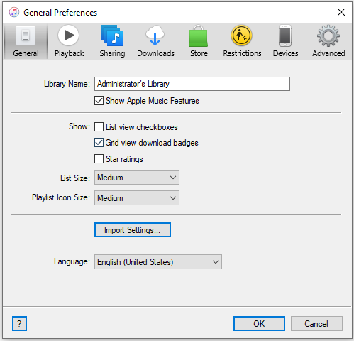 General Preferences window of iTunes.