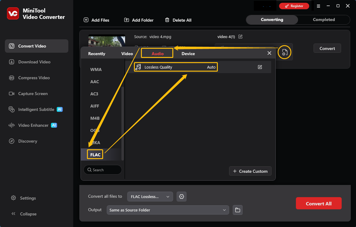MiniTool Video Converter interface output format window showing how to set format to FLAC in the Convert Video tab.