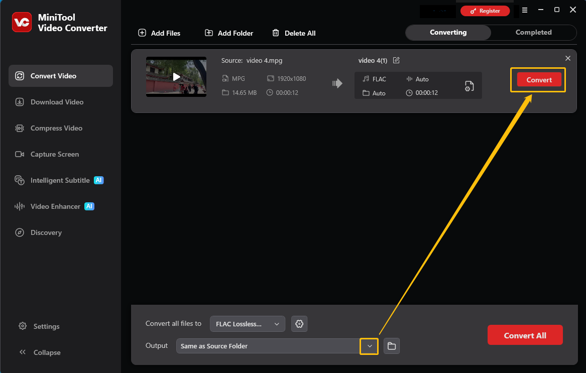 MiniTool Video Converter interface with the Output option and the Convert button selected in the Convert Video tab.