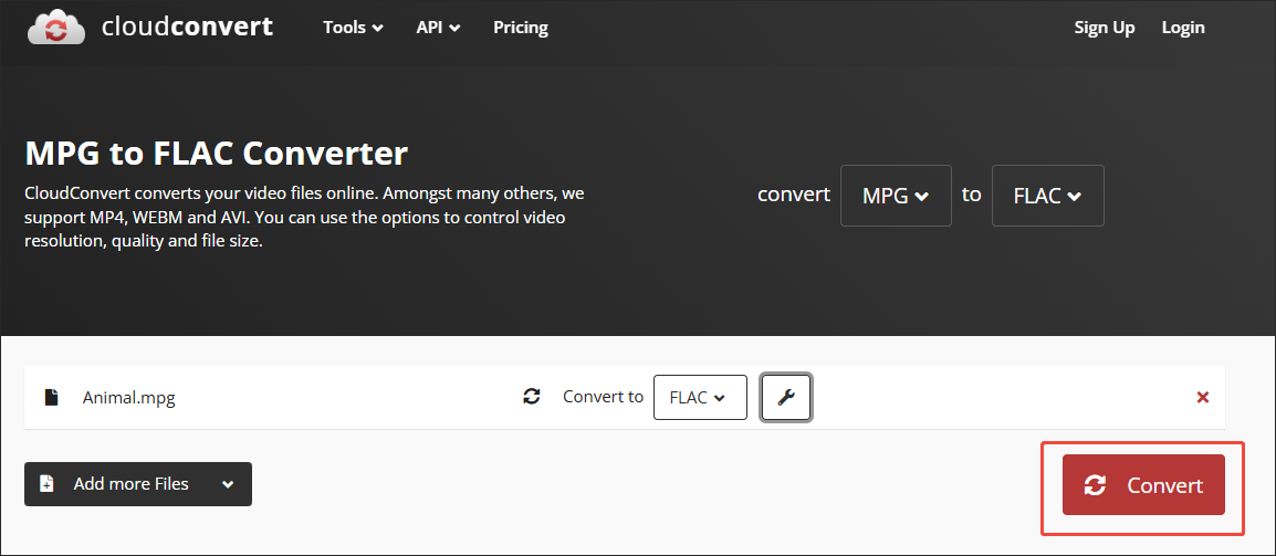 CloudConvert interface with the Convert button selected.