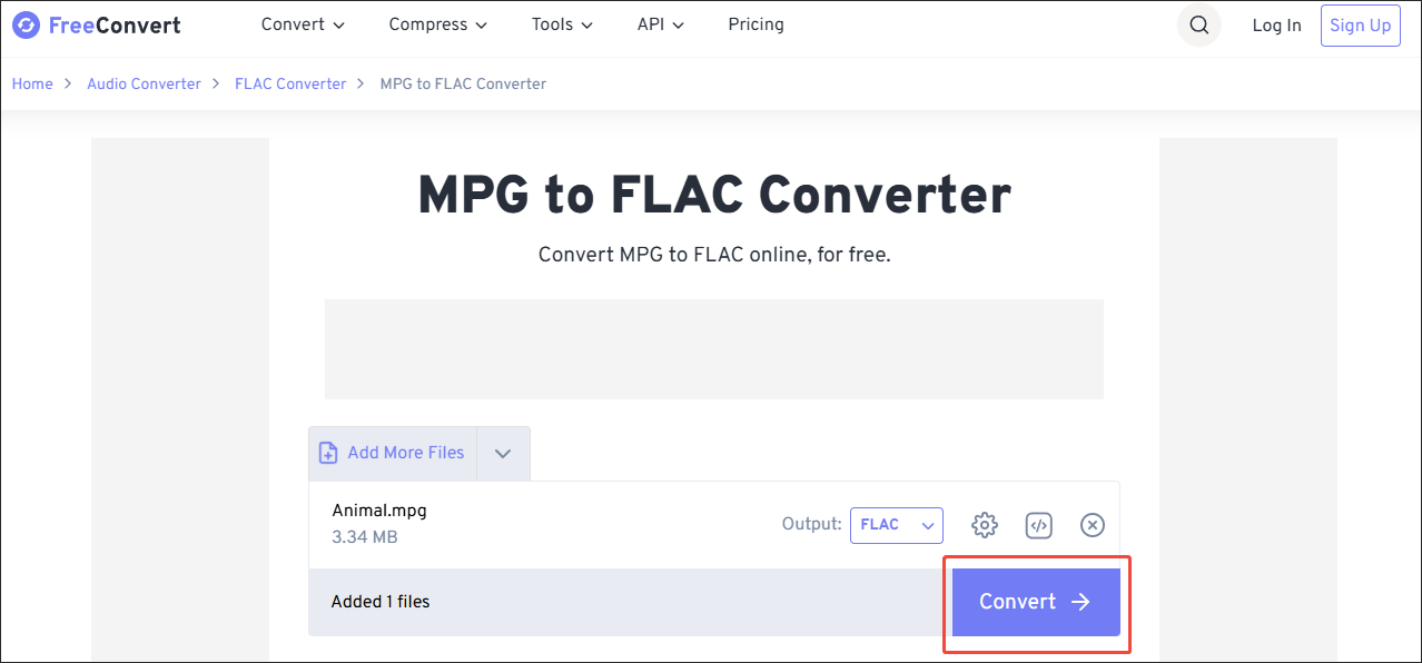 FreeConvert interface with the Convert button selected.