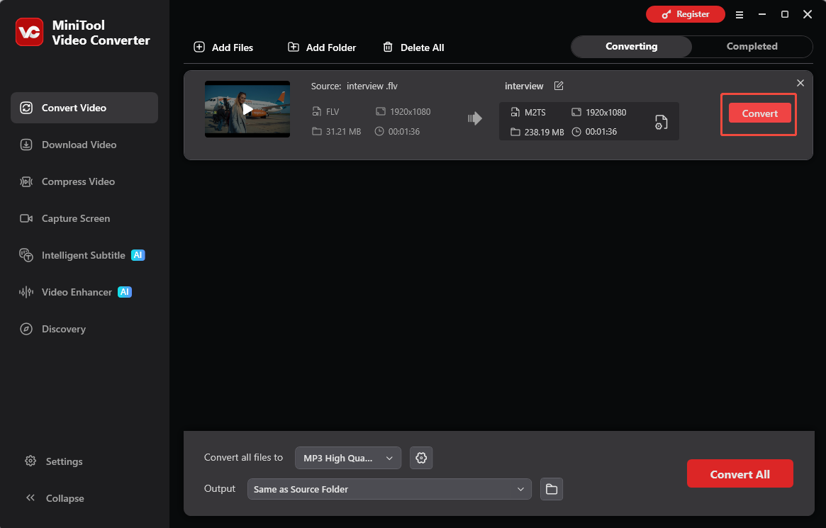 MiniTool Video Converter interface with the Convert button selected in the Convert Video tab.