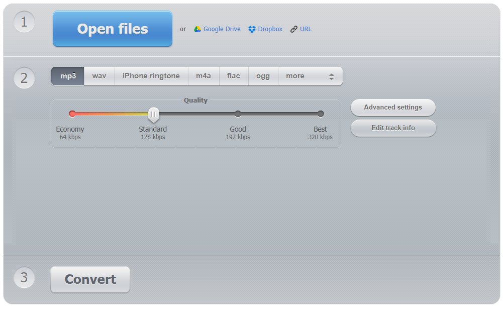 The interface of Online Audio Converter.