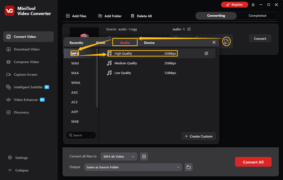 MiniTool Video Converter output format window showing how to set MP3 as the converted format in the Convert Video tab.