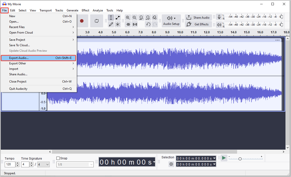 Audacity interface with the Export Audio option highlighted in the File menu.