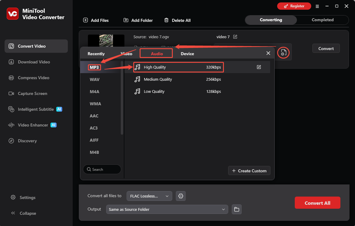 MiniTool Video Converter output format window showing how to set MP3 as the converted audio in the Convert Video tab.