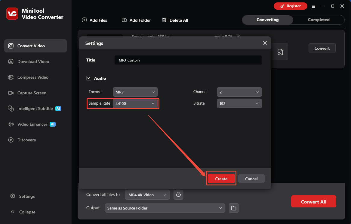 MiniTool Video Converter Settings window showing how to change sample rate in the Convert Video tab.