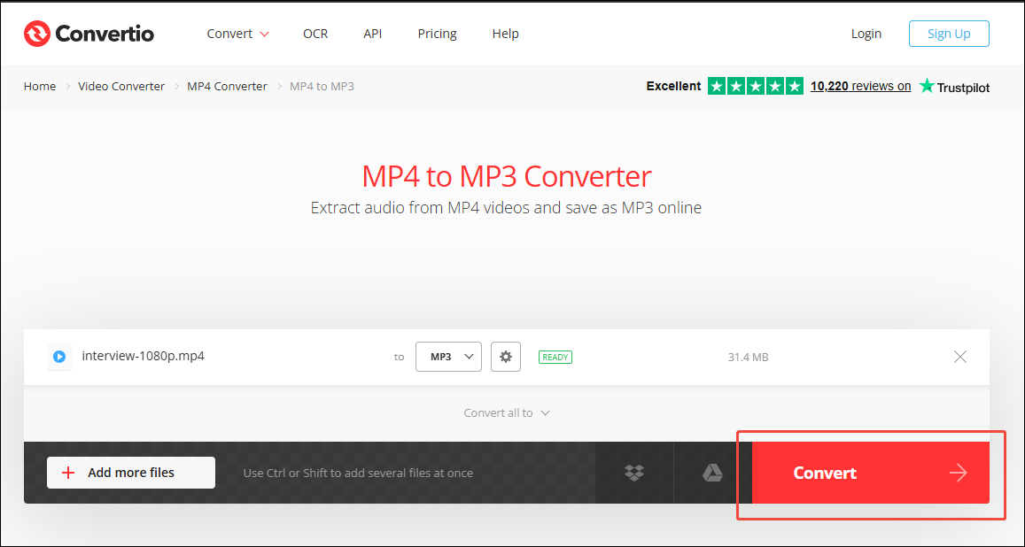 Convertio Interface with the Convert button selected.