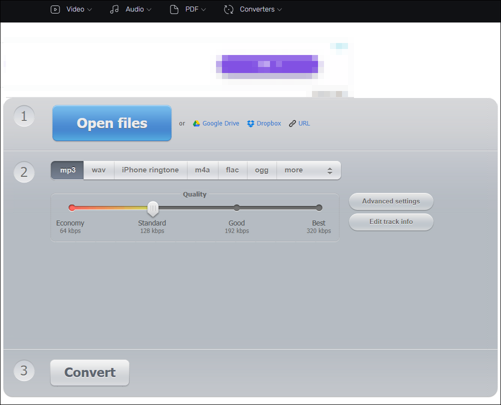 The interface of Online Audio Converter.