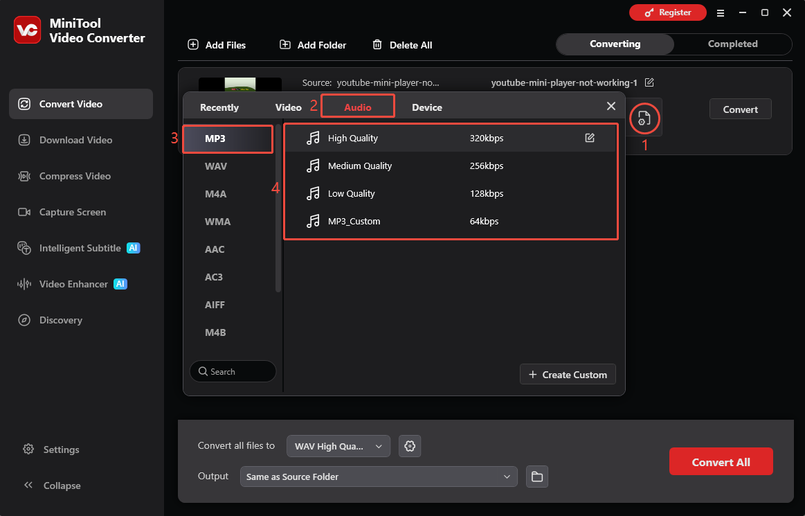 MiniTool Video Converter interface showing how to choose MP3 as the output format and choose the audio quality.