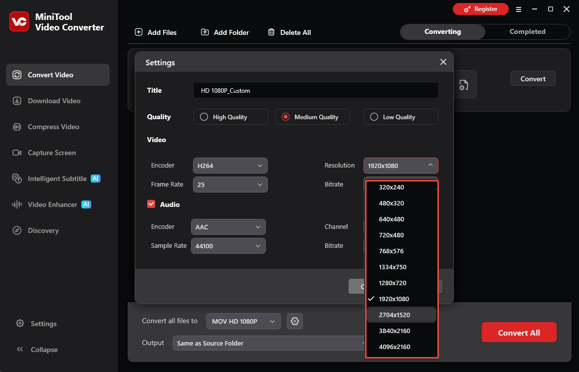 MiniTool Video Converter Settings window with the Resolution menu expanded.