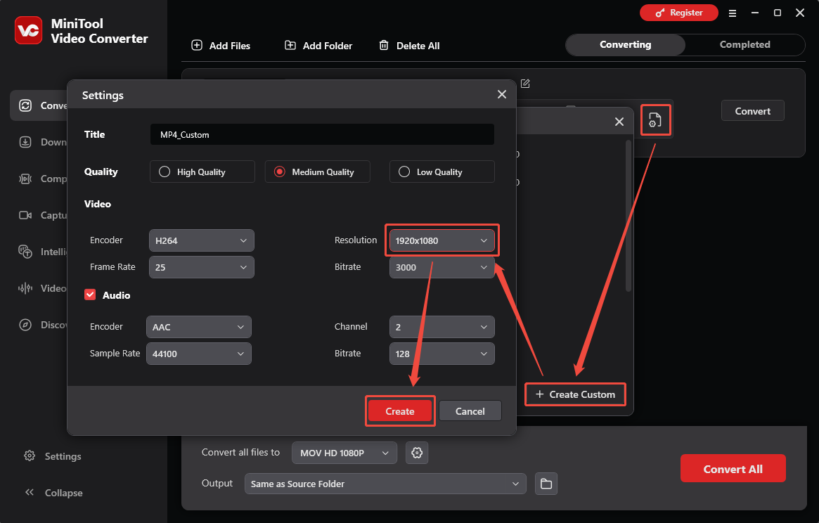 MiniTool Video Converter interface showing how to set the custom resolution.