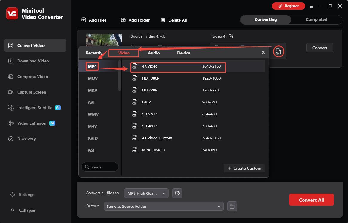 MiniTool Video Converter output format window showing how to set MP4 as the output format in the Convert Video tab.