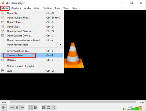 VLC Media Player interface with the Media tab and the Convert option selected.