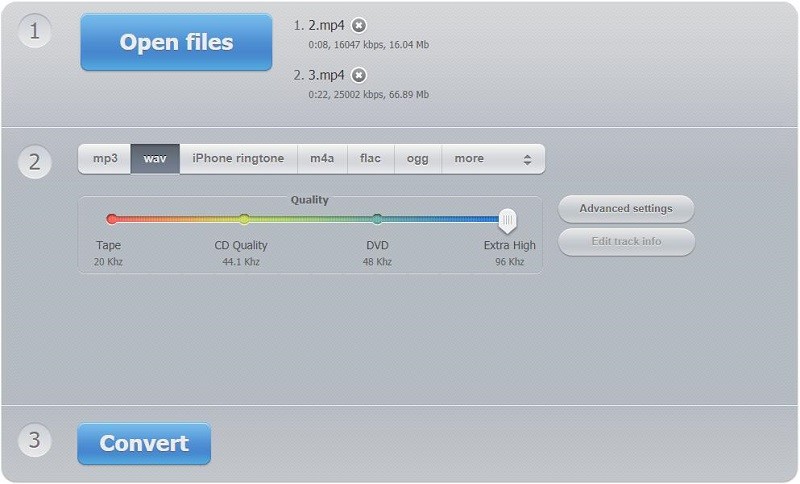 The interface of Online Audio Converter.