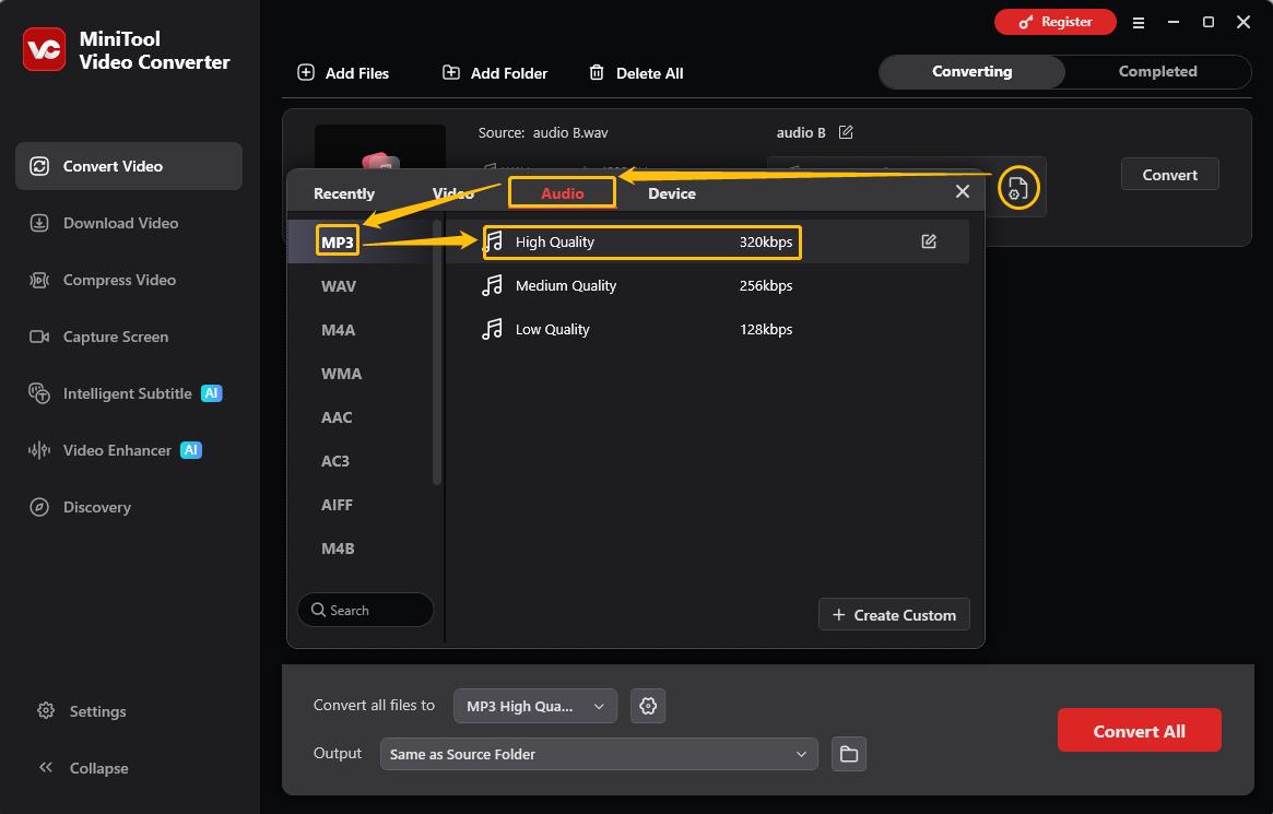 MiniTool Video Converter output format window showing how to set MP3 as the converted format in the Convert Video tab.