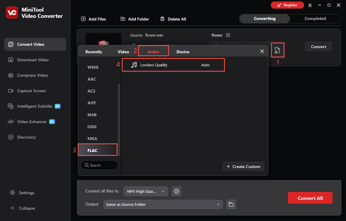 MiniTool Video Converter interface showing how to choose FLAC as the output format.