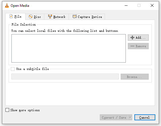 VLC Open Media window.