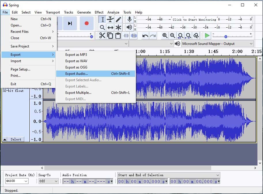 Audacity window with the File menu expanded and Export Audio option highlighted.
