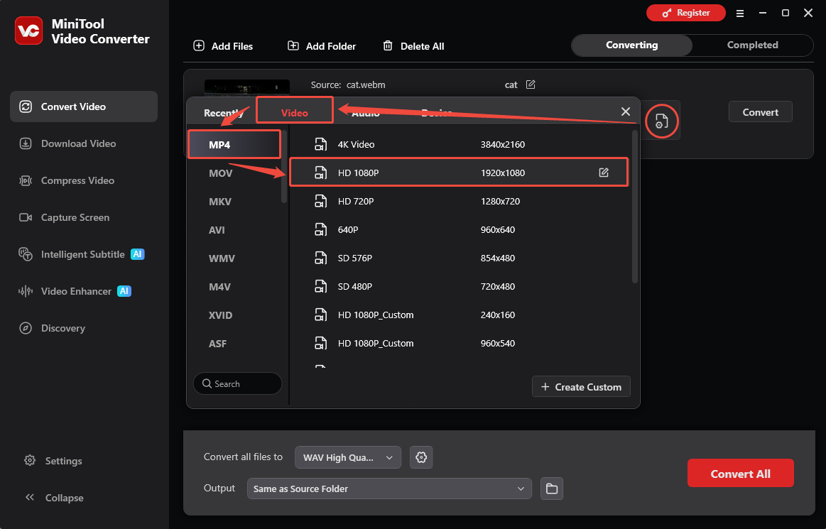 MiniTool Video Converter interface showing how to choose MP4 as the output format.