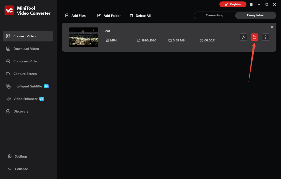 MiniTool Video Converter Convert Video interface with the folder icon pointed under the Completed tab.