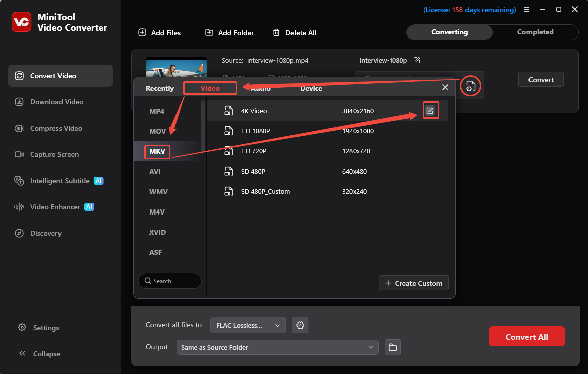 MiniTool Video Converter output format window showing how to open the Settings window in the Convert Video tab.