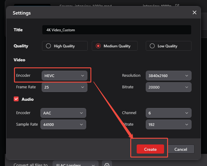 MiniTool Video Converter Settings window showing how to specify HEVC as the output codec in the Convert Video tab.