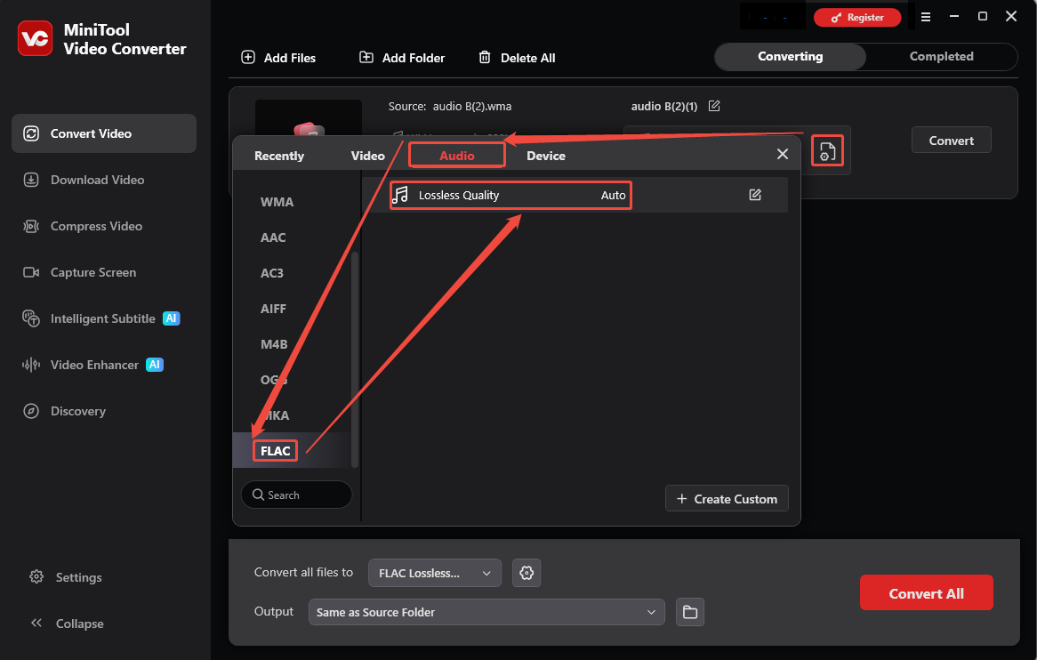 MiniTool Video Converter output format window showing how to set FLAC as the output format in the Convert Video tab.