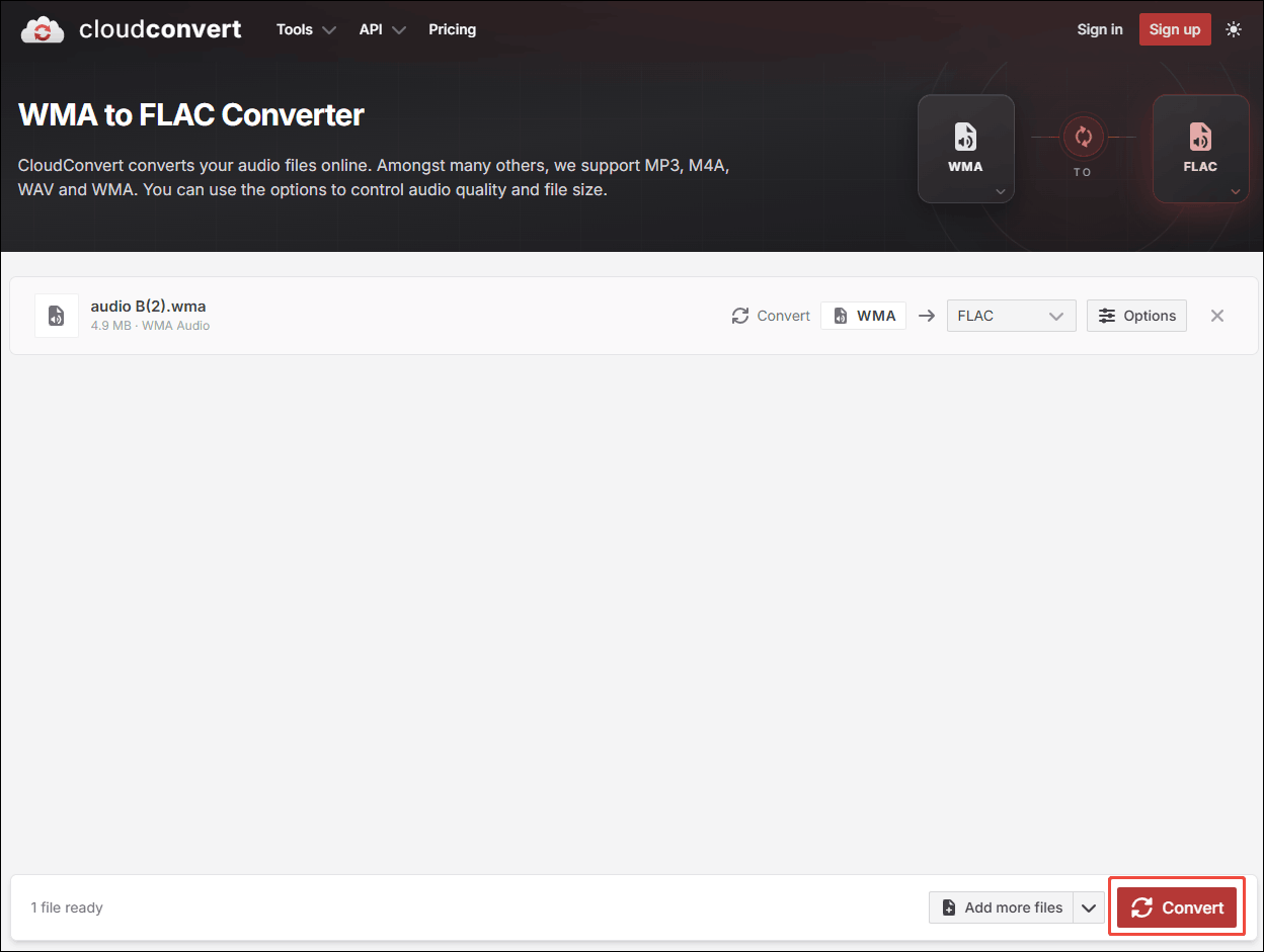 CloudConvert interface with the Convert button selected.