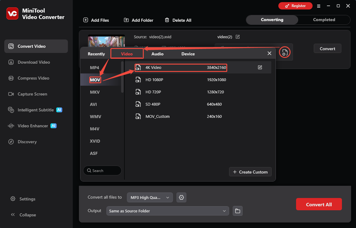 MiniTool Video Converter output format window showing how to set the output format in the Convert Video tab.