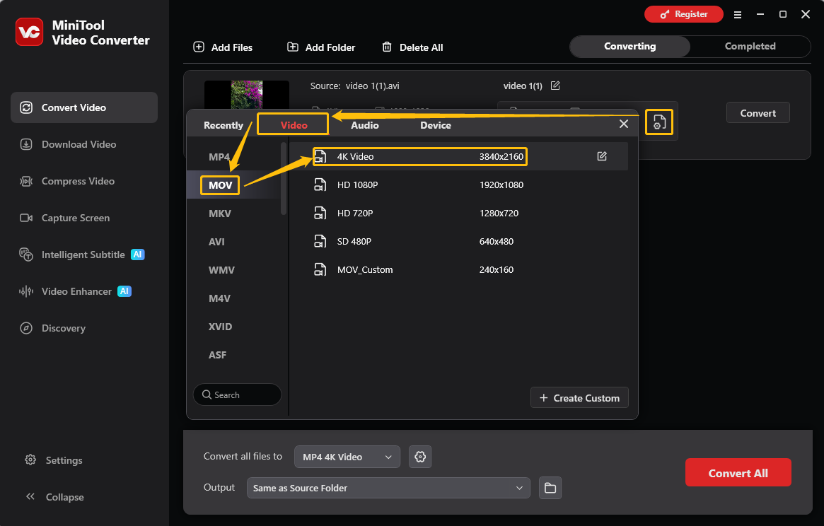 MiniTool Video Converter output format window showing how to set Mov as the output format in the Convert Video tab.