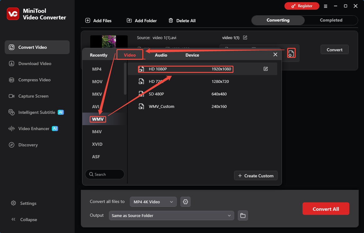 MiniTool Video Converter output format window showing how to set WMV as the output format in the Convert Video tab.