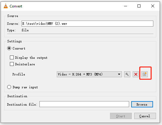 VLC Media Player Convert window showing how to set WMV as the output format.